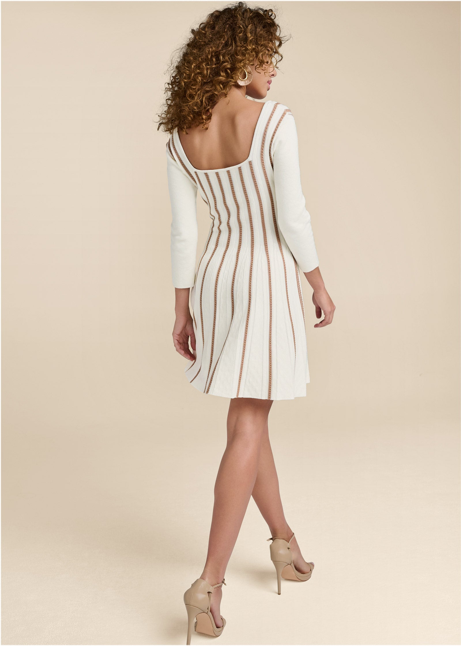 A-Line Sweater Dress  - White & Brown