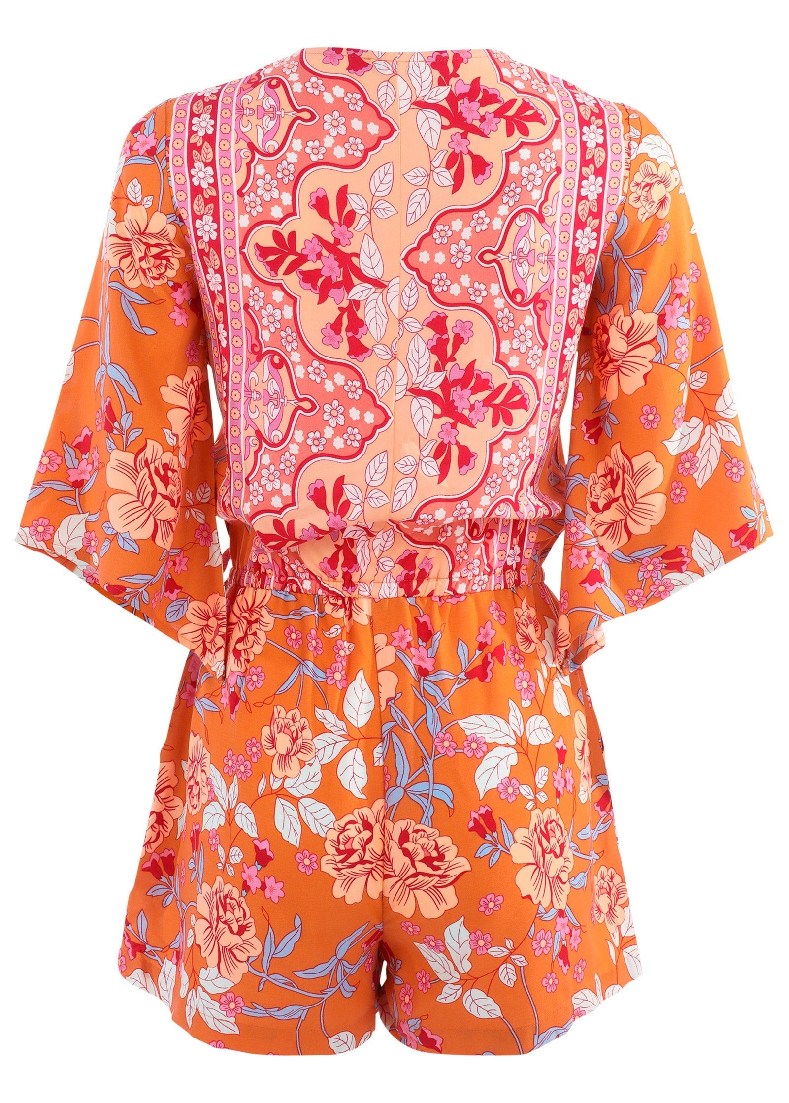 3/4 Sleeve Printed Romper - Orange Multi