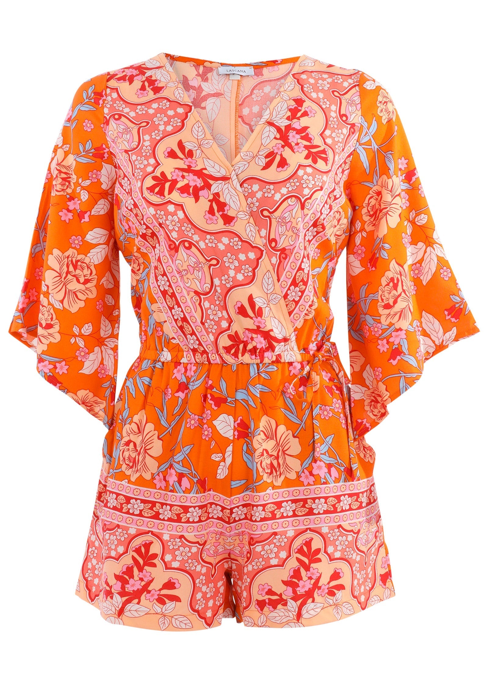 3/4 Sleeve Printed Romper - Orange Multi