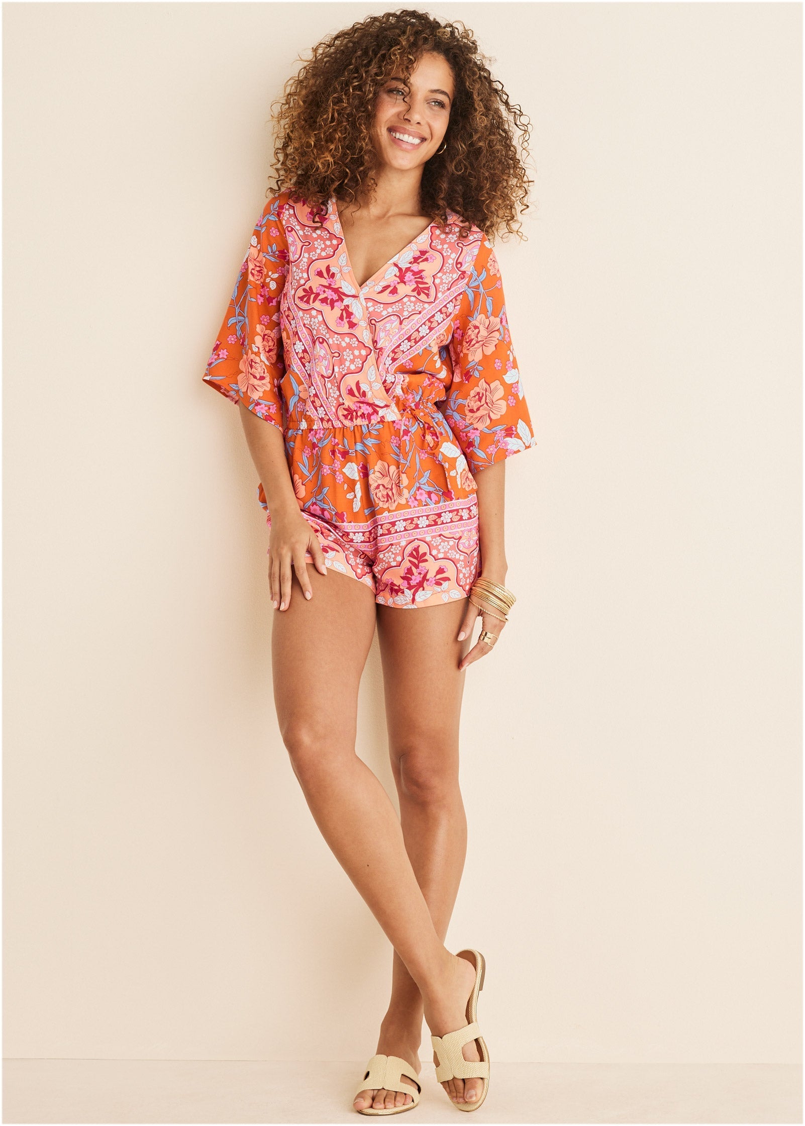 3/4 Sleeve Printed Romper - Orange Multi